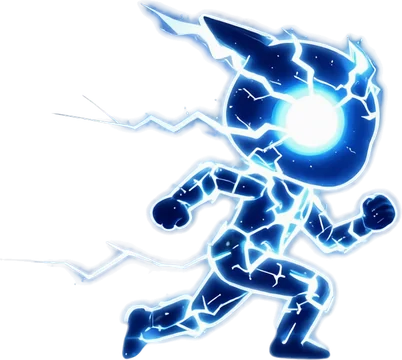 Zap, the Word Run lightning runner, a glowing blue figure crackling with electricity
